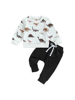 Amiblvowa Baby Boys Dino Two Piece Outfit Cartoon Dinosaur Pullover Sweatshirt Drawstring Pants Cute Fall Winter Clothes Set