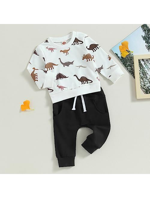 Amiblvowa Baby Boys Dino Two Piece Outfit Cartoon Dinosaur Pullover Sweatshirt Drawstring Pants Cute Fall Winter Clothes Set