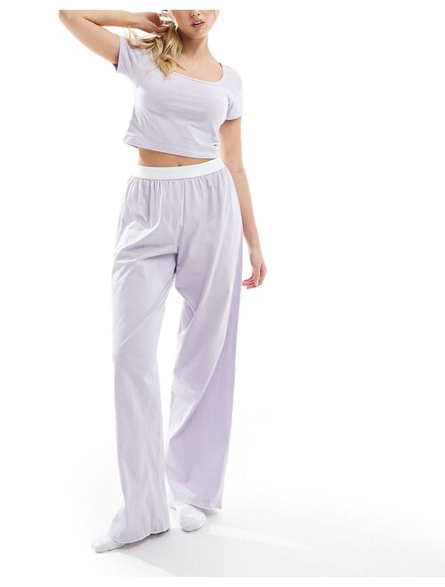ASOS DESIGN mix & match cotton pajama pants with exposed waistband and picot trim in lilac