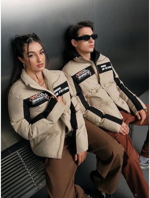 Shein Manfinity Unisex 1pc Letter Graphic Colorblock Puffer Coat