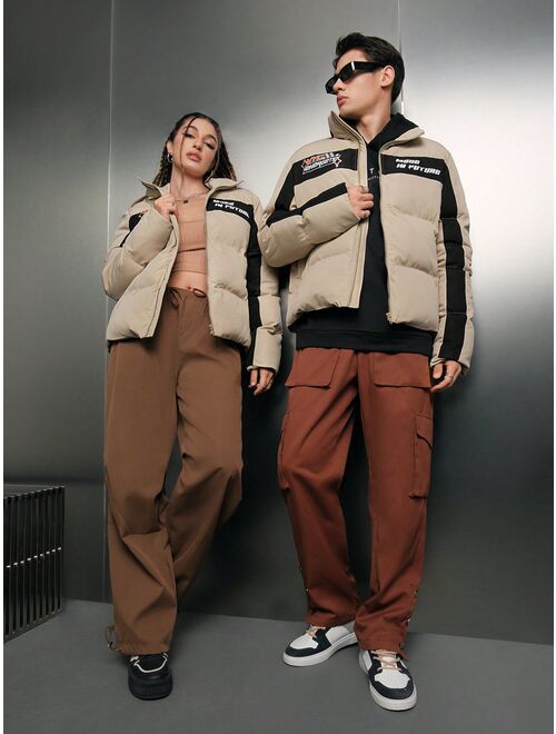 Shein Manfinity Unisex 1pc Letter Graphic Colorblock Puffer Coat