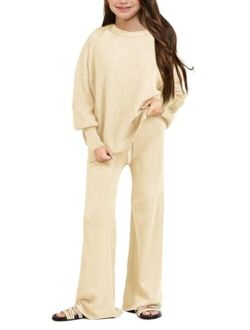 Haloumoning Girls 2 Piece Outfits Kids Long Sleeve Crewneck Sweater Drawstring Wide Leg Long Pants Sweatsuits Sets 5-14T