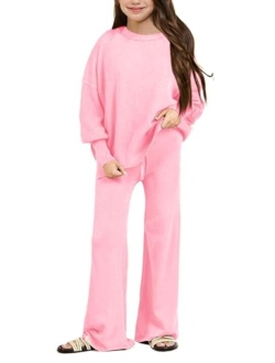 Haloumoning Girls 2 Piece Outfits Kids Long Sleeve Crewneck Sweater Drawstring Wide Leg Long Pants Sweatsuits Sets 5-14T