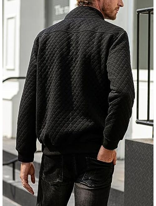 JMIERR Men's Quilted Sweatshirt Casual Long Sleeve Outdoor Stand Collar Button Pullover Sweatshirts