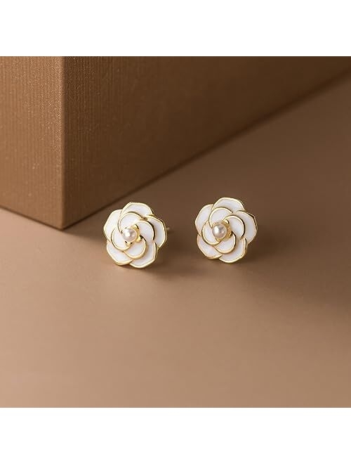 Reffeer Solid 925 Sterling Silver Camellia Flower Stud Earrings for Women Girls Flower Stud Earrings Cute Pearl Studs