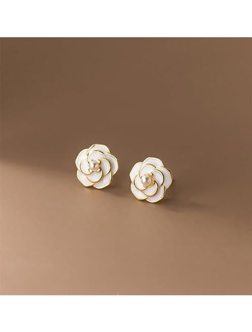 Reffeer Solid 925 Sterling Silver Camellia Flower Stud Earrings for Women Girls Flower Stud Earrings Cute Pearl Studs