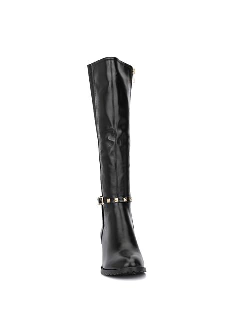 VINTAGE FOUNDRY CO. EST. 2014 TORGEIS Women's Casual Fashion Mid Calf Knee High Faux Leather Boots w Side Zipper | Studded Buckled Straps | Elastic Gussets, Round Plain T