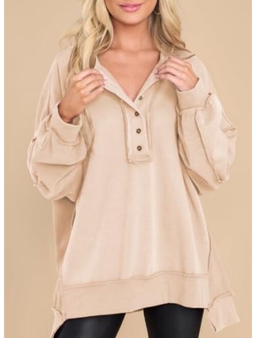 AlvaQ Womens Women's Oversized Sweatshirt Casual Long Sleeve Button Henley Neck Pullover Tunic Tops Outfits