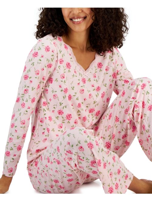 CHARTER CLUB Women's Cotton Long-Sleeve Lace-Trim Pajamas Set, Created for Macy's