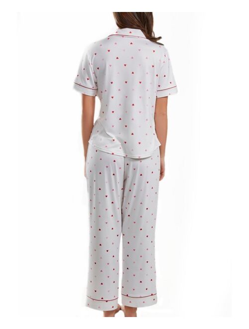 ICOLLECTION Kyley Plus Size Pajama Heart Print Pant Set Trimmed in Red with Front Pockets, 2 Piece