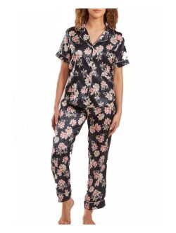 ICOLLECTION Women's Cyrus Floral Satin pajama Pant Set with Cuff Detail, 2 Piece