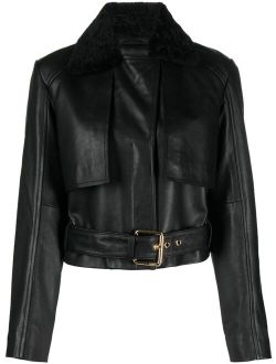 faux-leather belted jacket
