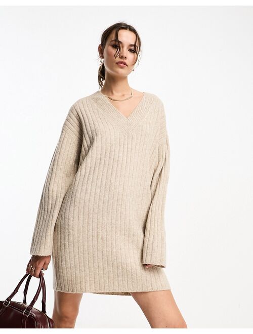 ASOS DESIGN knitted sweater mini dress with v neck in oatmeal