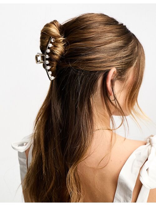 ASOS DESIGN hair claw clip with faux pearls in gold tone