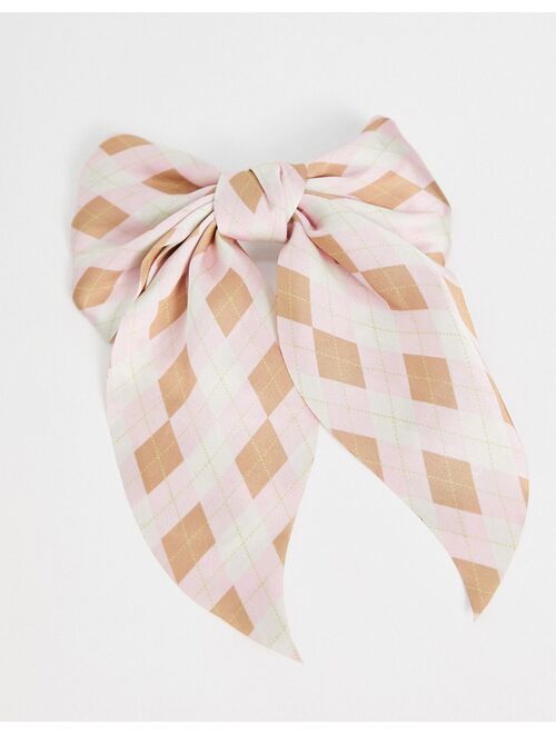 My Accessories London bow hair clip in pink plaid check