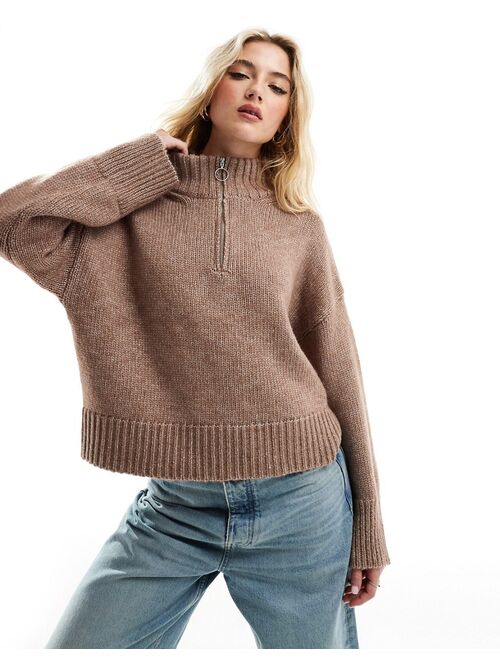 ASOS DESIGN relaxed sweater with zip collar in mocha