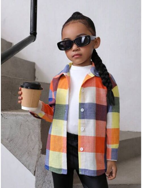 SHEIN Kids Cooltwn Girls' Fashionable Plaid Woven Loose Fit Long Sleeve Shirt For Going Out