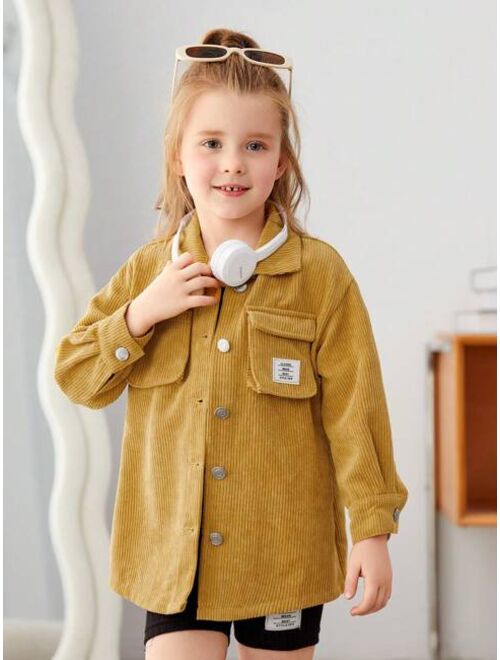 SHEIN Kids EVRYDAY Little Girl's Woven Corduroy Patch Pocket Loose Casual Shirt