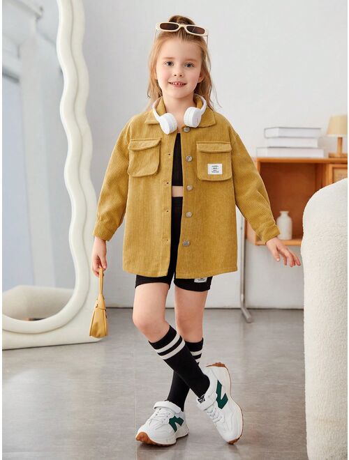 SHEIN Kids EVRYDAY Little Girl's Woven Corduroy Patch Pocket Loose Casual Shirt