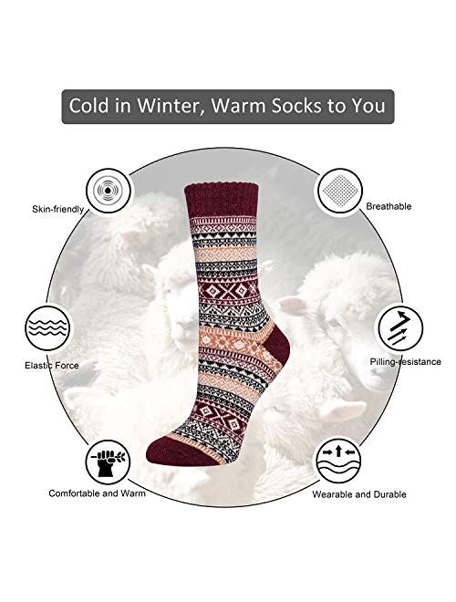Senker Fashion 5 Pack Womens Wool Socks Winter Warm Socks Thick Knit Cabin Cozy Crew Soft Socks Gifts for Women