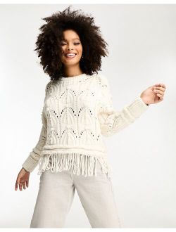 cable knit sweater with pearl embellishment in cream