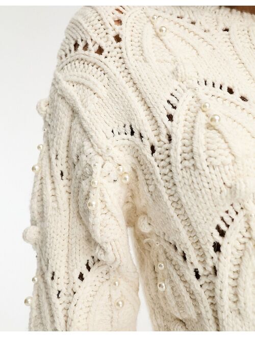 River Island cable knit sweater with pearl embellishment in cream