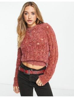 oversized fluffy laddered sweater in pink