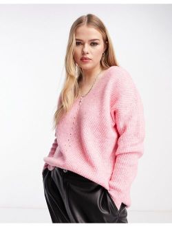 Only Curve textured v neck sweater in pink