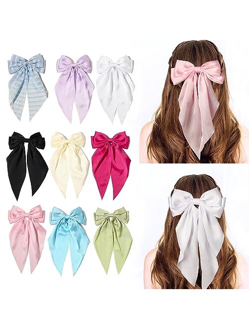 Furling Pompoms Pink Hair Bow Clips for Women,Large White Satin Hair Bows,Long-Tail Alligator Clips,Big Hair Bow Girls 2pcs Hair Accessories for Christmas Wedding Prom Pa