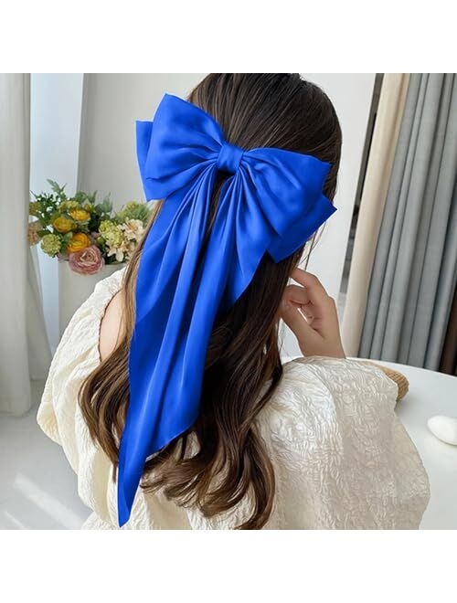 Bviie 2 PCS Bow Hair Clips for Women, Soft Long Tail Large Bow Hair Slides, Metal Spring Clip Vintage Silk Headbands, Elegant Hair Accessories, Gifts for Women Girl, Flow