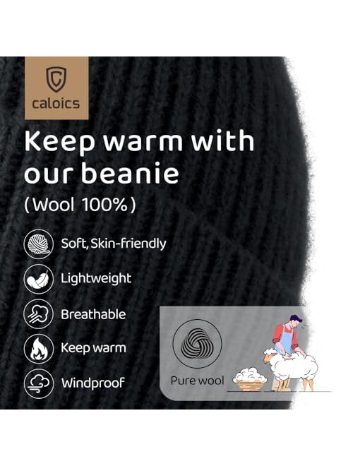 C CALOICS Merino Wool Beanie for Men & Women,Pure Wool Beanie Hats Lightweight,Soft Knit Hat,Outdoor Ski Hiking Cuffed Cap