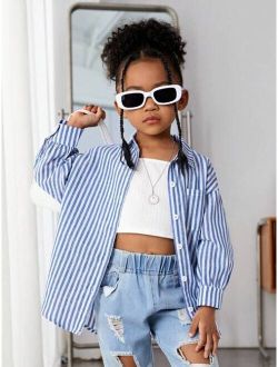 Kids Cooltwn Young Girl'S Sparkling Street-Style Spring Loose Fit Long Sleeve Woven Striped Shirt