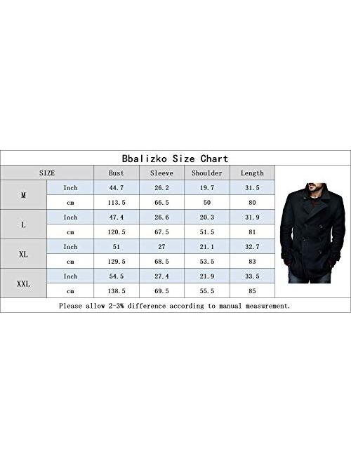Bbalizko Mens Classic Pea Coat Notched Collar Double Breasted Slim Fit Winter Warm Heavyweight Trench Coats
