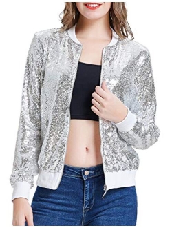 KANCY KOLE Womens Sequin Jacket Casual Long Sleeve Front Zip Party Bomber Blazer with Pockets S-2XL