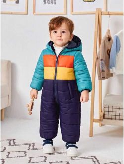 Unisex Baby Colorblock Hooded Thick Padded Jumpsuit