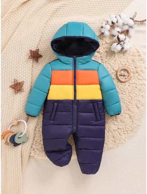 SHEIN Unisex Baby Colorblock Hooded Thick Padded Jumpsuit