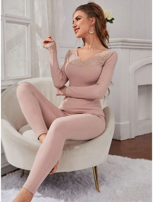 Shein Contrast Lace Thermal Underwear Set