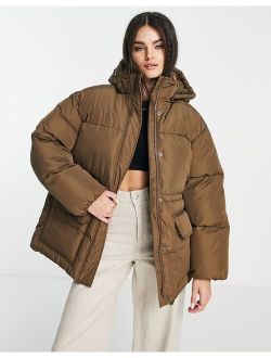 NA-KD oversize padded jacket with hood in brown