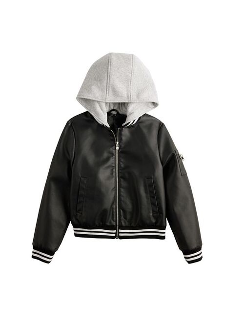 Girls 4-18 SO Faux Leather Bomber Jacket With Removable Fleece Hood