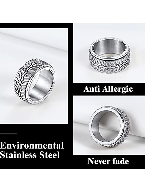 Richsteel Stainless Steel Spinner Ring Cool Car Motorcycle Tire Tread Biker Rings Fidget Band Rings for Men Women, Size 7-12 (with Gift Box)