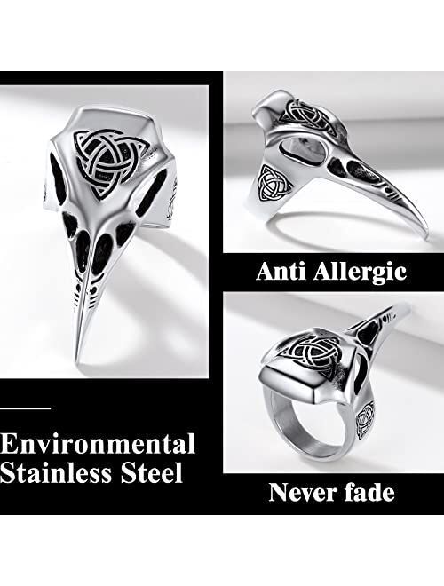 Richsteel Stainless Steel Viking Raven Crow Skull Ring for Men Women Gothic Norse Protection Jewelry(with Gift Box)