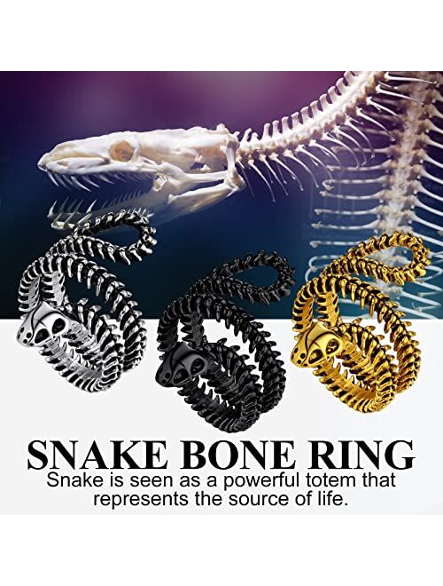 Richsteel Stainless Steel/Gold Plated/Black Snake Vertebrae Looped Bone Cast Ring Biker Rings for Men Women Punk Gothic Jewelry(with Gift Box)