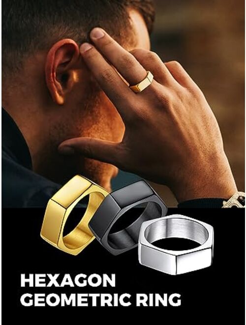 Richsteel Mens Rings Hexagon Geometric Ring for Men 7MM Wide Stainless Steel Rings for Women, Size 7-14