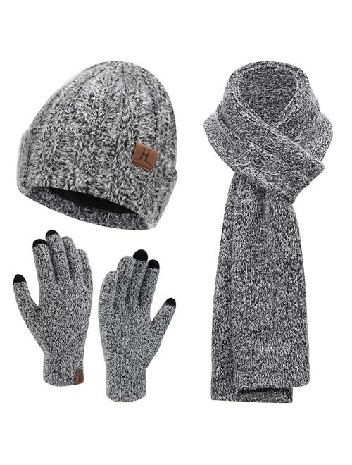 Fz Fantastic Zone Womens Winter Warm Knit Beanie Hat Touchscreen Gloves Long Neck Scarf Set with Fleece Lined Skull Caps Gifts for Women Men