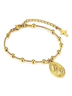 MEALGUET Rosary Bracelet for Women : Gold Plated Stainless Steel Religious Cross and Virgin Mary Prayer Bracelets for Girls, First Communion Gifts for Girls, Faith Miracu