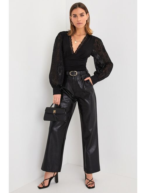 Lulus True Chic Black Lace Jacquard Long Sleeve Bodysuit