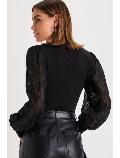 Lulus True Chic Black Lace Jacquard Long Sleeve Bodysuit