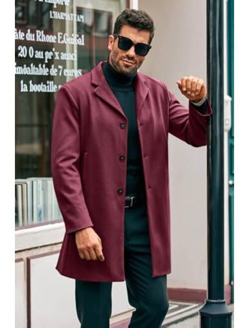 PASLTER Mens Mid Long Trench Coat Slim Fit Winter Pea Coat Single Breasted Business Overcoat