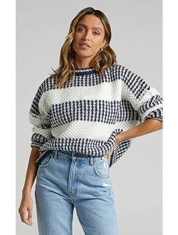 Women's Fall Winter Color Block Striped Sweater Crew Neck Sweaters Casual Loose Knitted Sweater