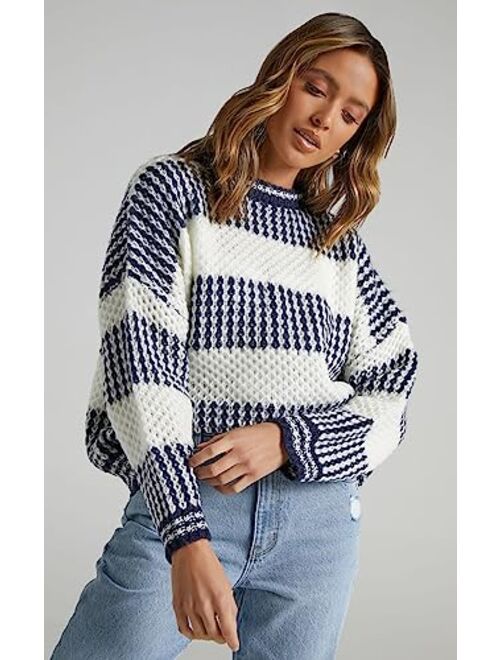 ZAFUL Women's Fall Winter Color Block Striped Sweater Crew Neck Sweaters Casual Loose Knitted Sweater
